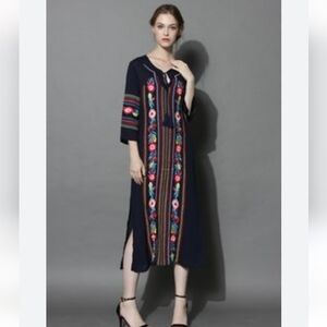BOHO BLOSSOM MAXI CREPE DRESS IN NAVY with EMBROIDERY